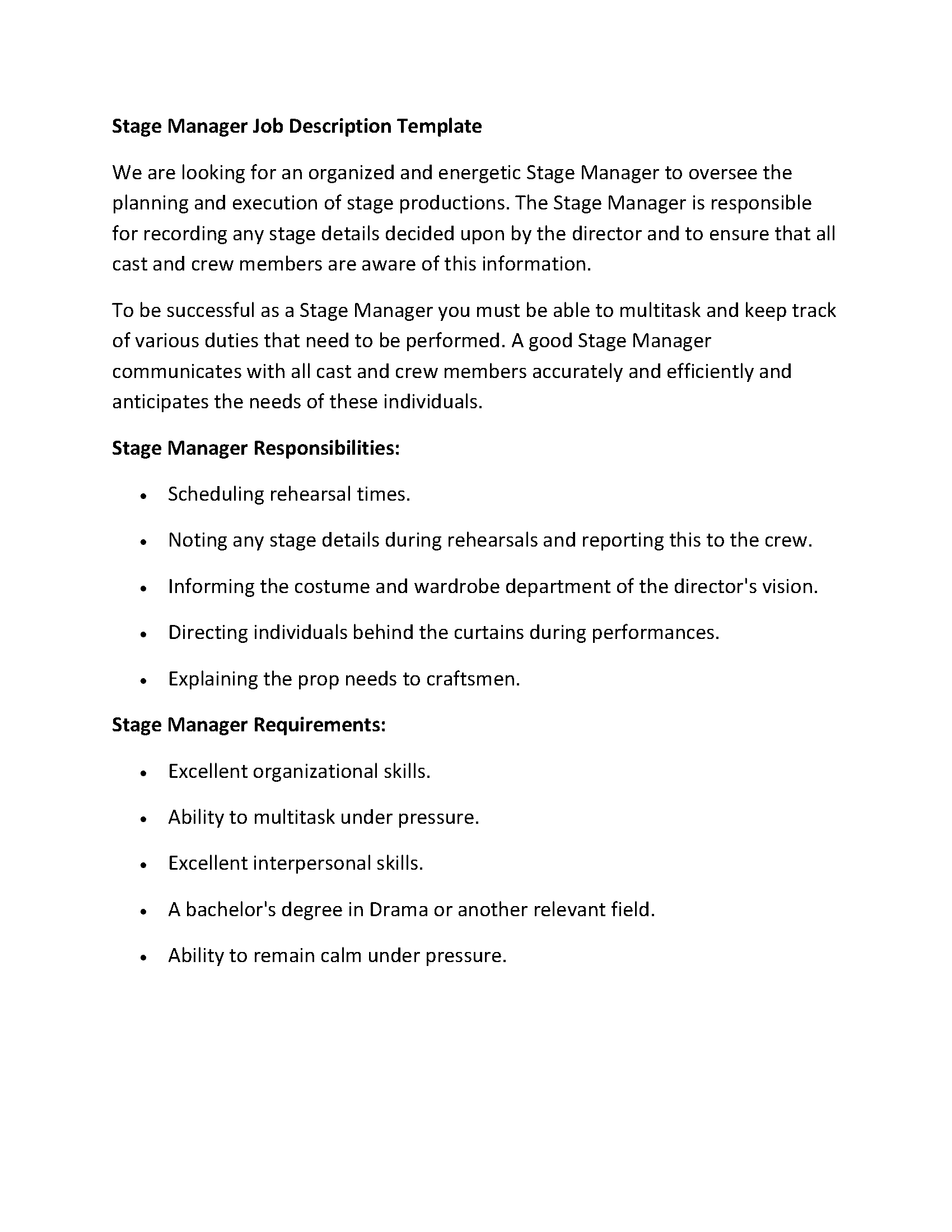 Stage Manager Job Description Template